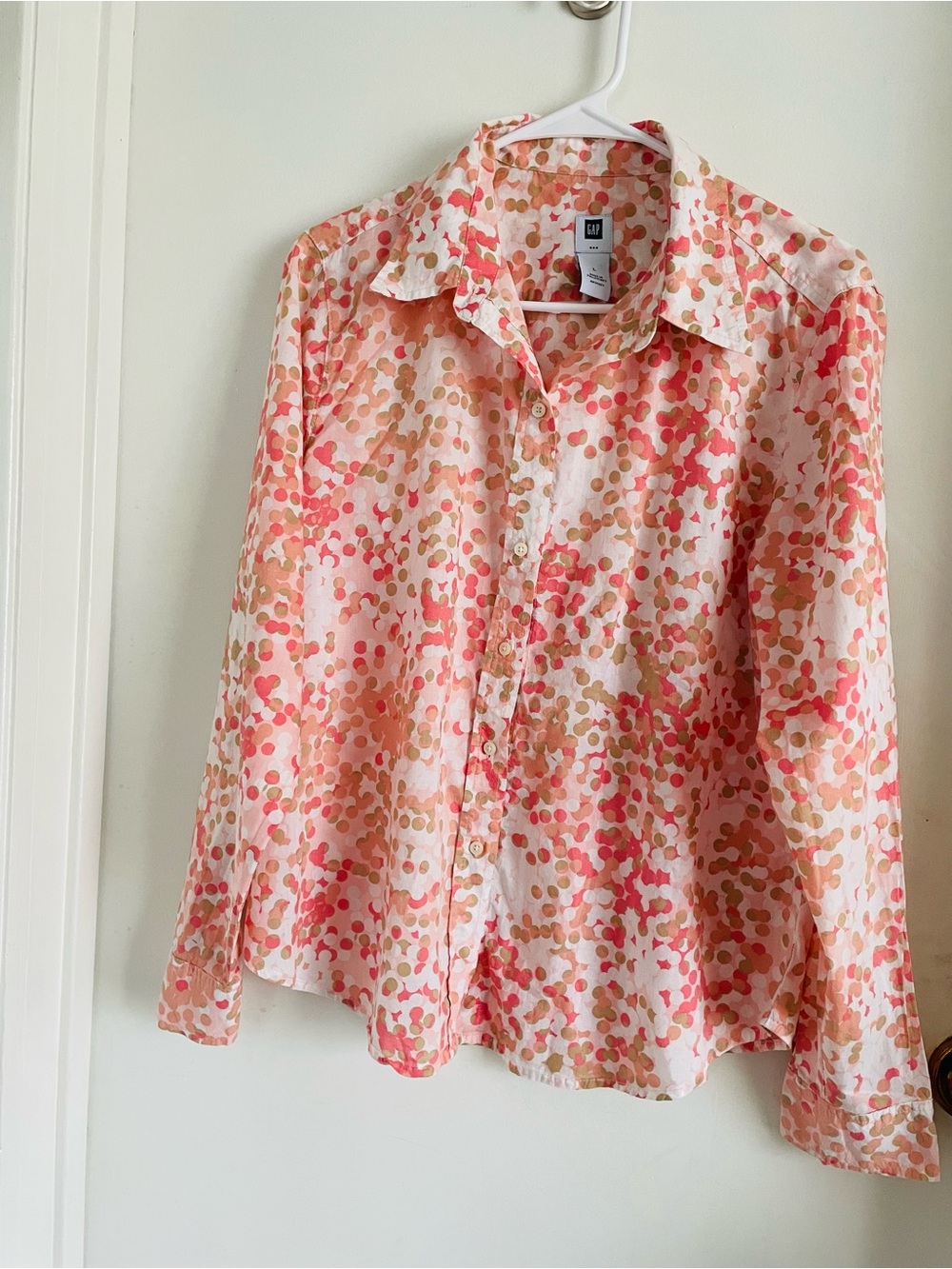 GAP Pink Coral and Tan Dot Print Button-Up Blouse